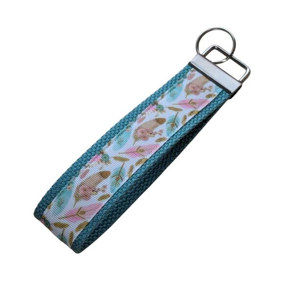 Feather Keychain Wristlet Handmade Boho Fabric Key FOB Sturdy‎ Farmhouse Teal - Picture 1 of 7